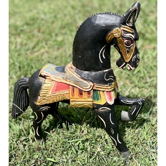 Hand Carved Wooden‎ Horse Figurine Folk Art Painted Decor Vintage Style